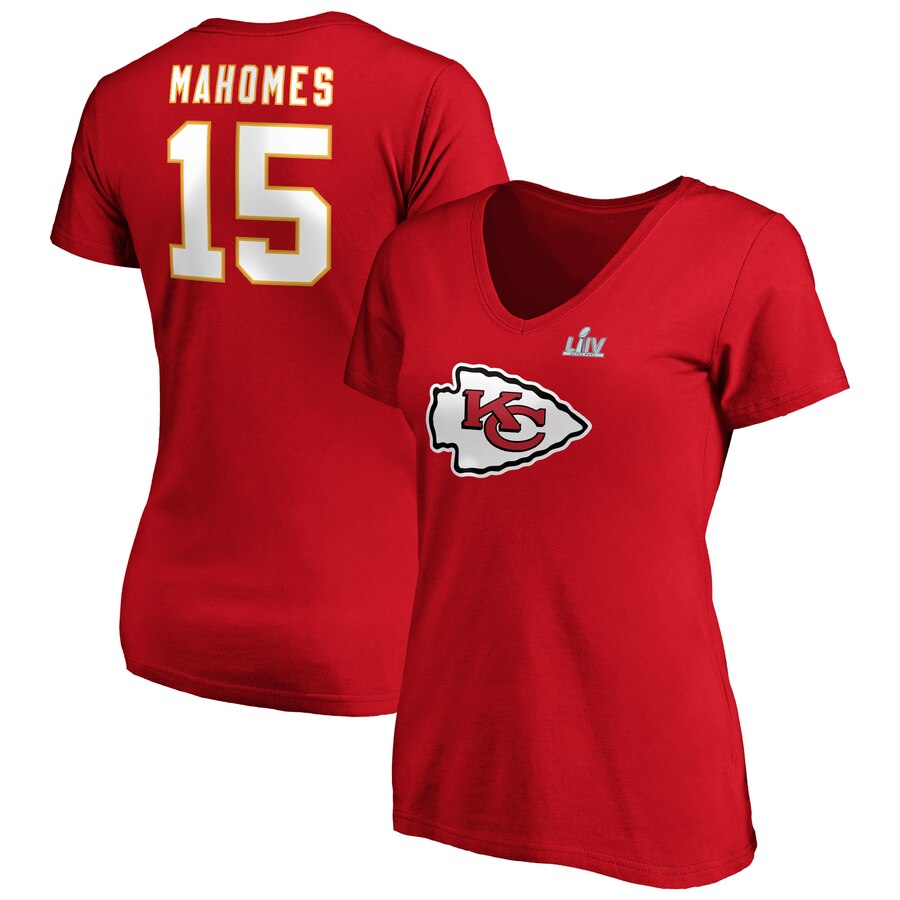 Women's Kansas City Chiefs #15 Patrick Mahomes NFL Red Super Bowl LIV Bound Plus Size Halfback Player Name & Number V-Neck T-Shirt